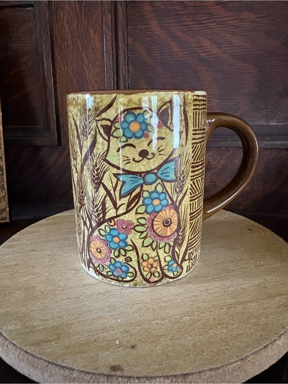 Ceramic Floral Cat Mug in Yellow and Brown- Vintage